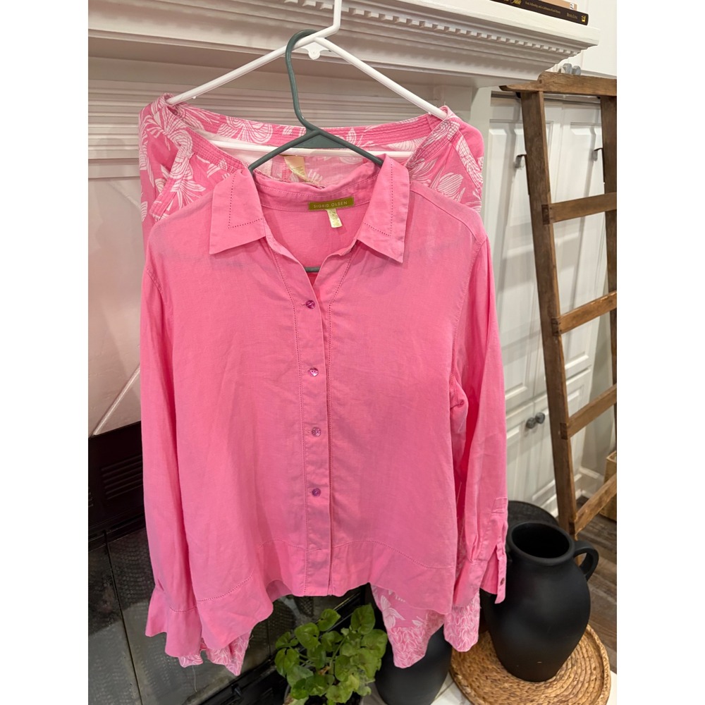 Sigrid Olsen Womens Pink 100% Linen 2 Piece Set Floral Pants Button Shirt M - Picture 4 of 15